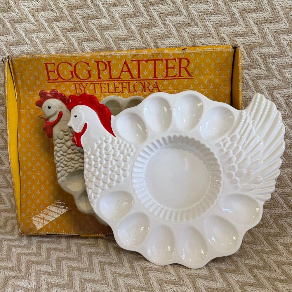Vintage Teleflora Chicken Hen Ceramic Deviled Egg Serving Platter Plate